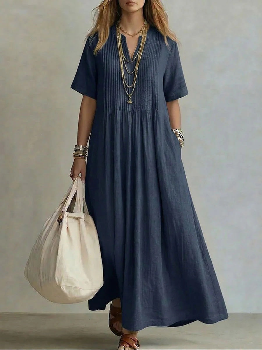 V-Neck Pleated Cotton Linen Dress