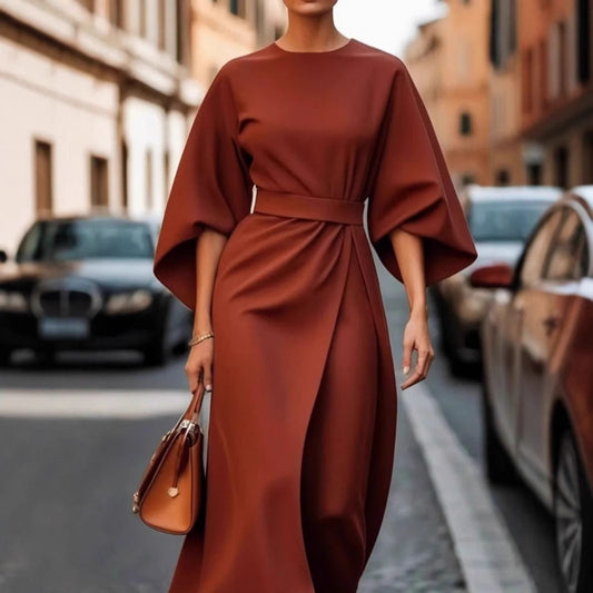 Women's Elegant Solid Color Waist-Cinching Batwing Sleeve Long Dress