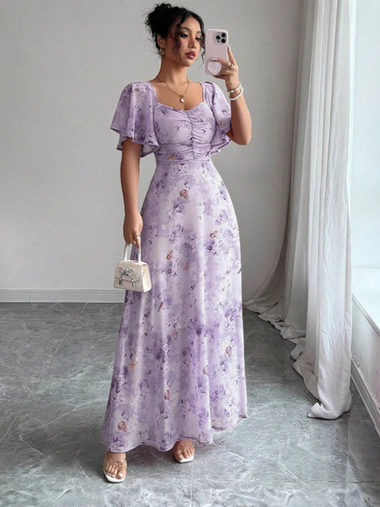 Women's Floral Print Chiffon Midi Dress with Lotus Sleeves