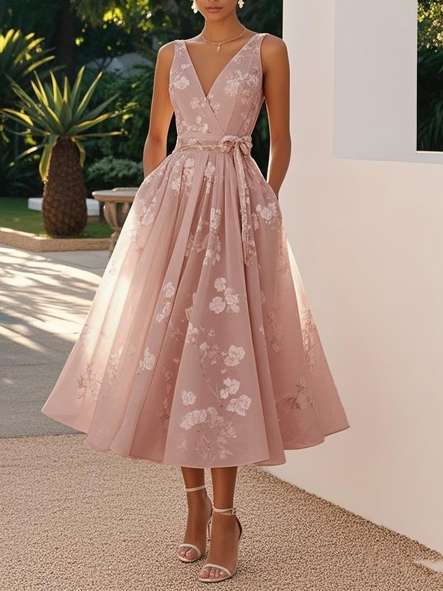 Women's Digital Print V-Neck Sleeveless Dress
