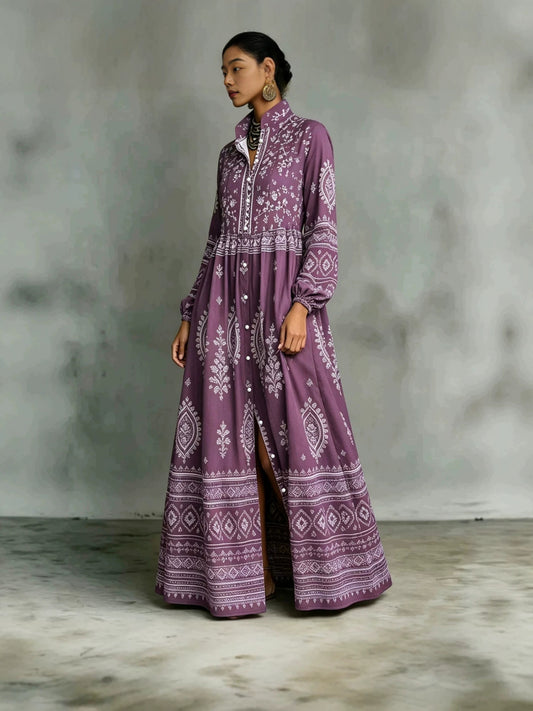 Women's Ethnic Print Long Sleeve Dress with Pockets