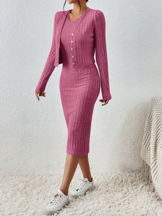 Women's French-Style Knitted Dress and Coat Set