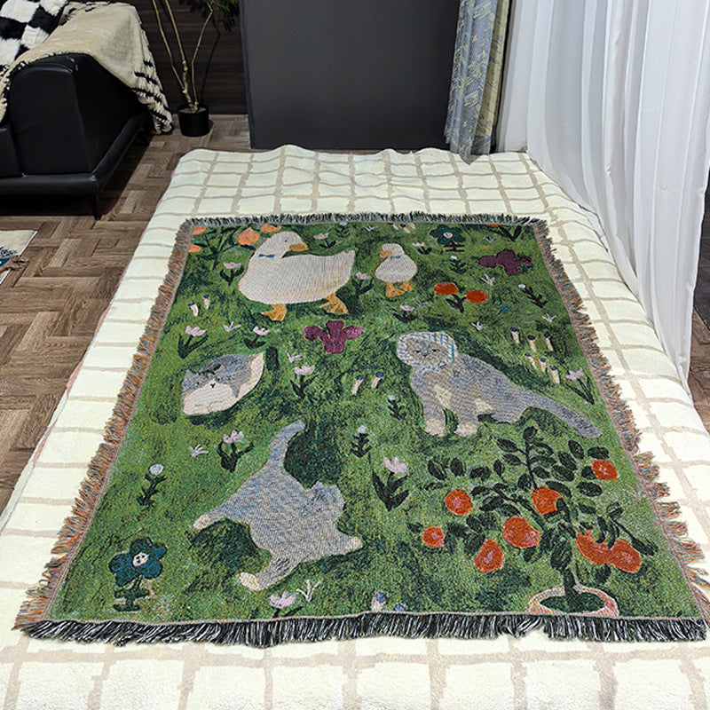Knitted tassel tapestry throw with little cat print - hung on wall