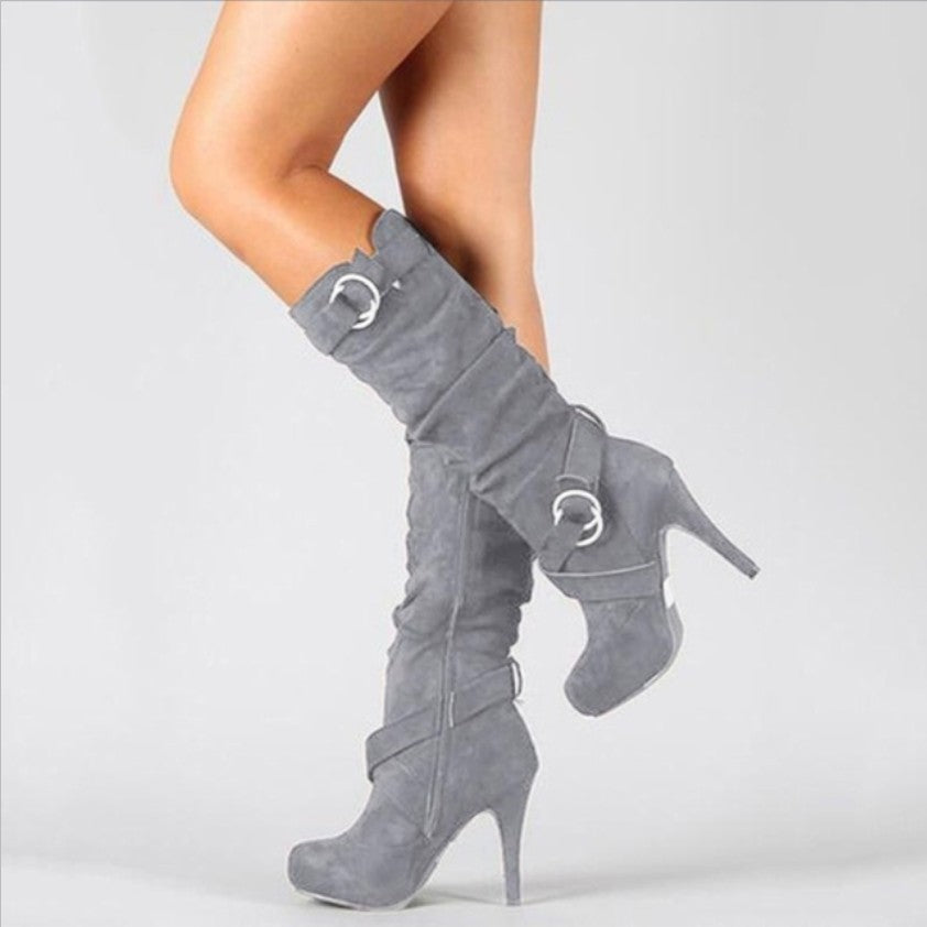 Women's Suede Over-the-Knee Heeled Boots in Gray