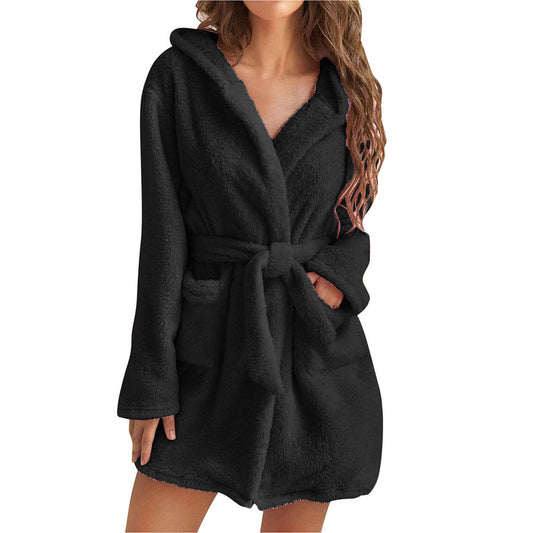 Women's Plush Hooded Bathrobe in Black