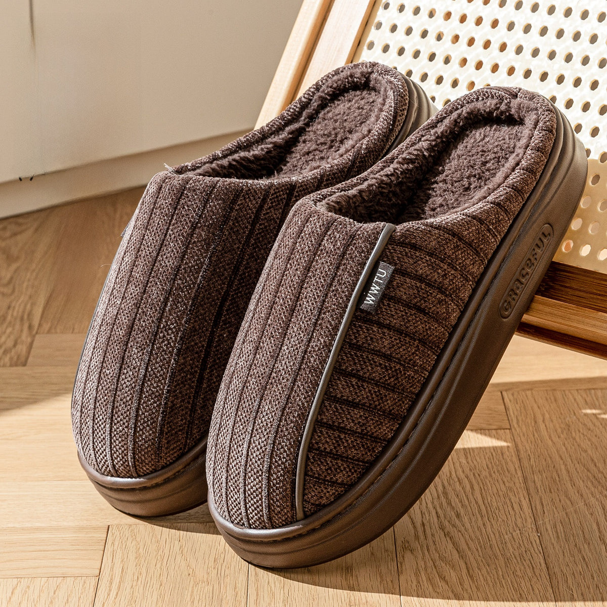 Fleece-Lined Suede Slippers with Thick Sole