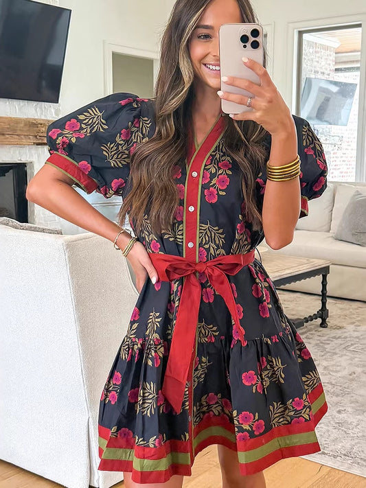 Women's Floral Print High Waist Cotton Dress