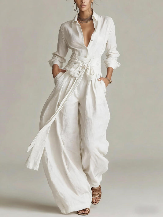 Women's Lapel Collar Belted Wide-Leg Jumpsuit