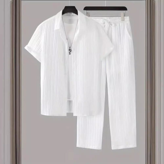 Men's Striped Short-Sleeve Shirt and Drawstring Pants Set
