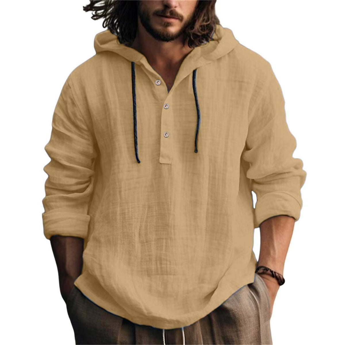 Men's Linen Long Sleeve Hooded Casual Shirt