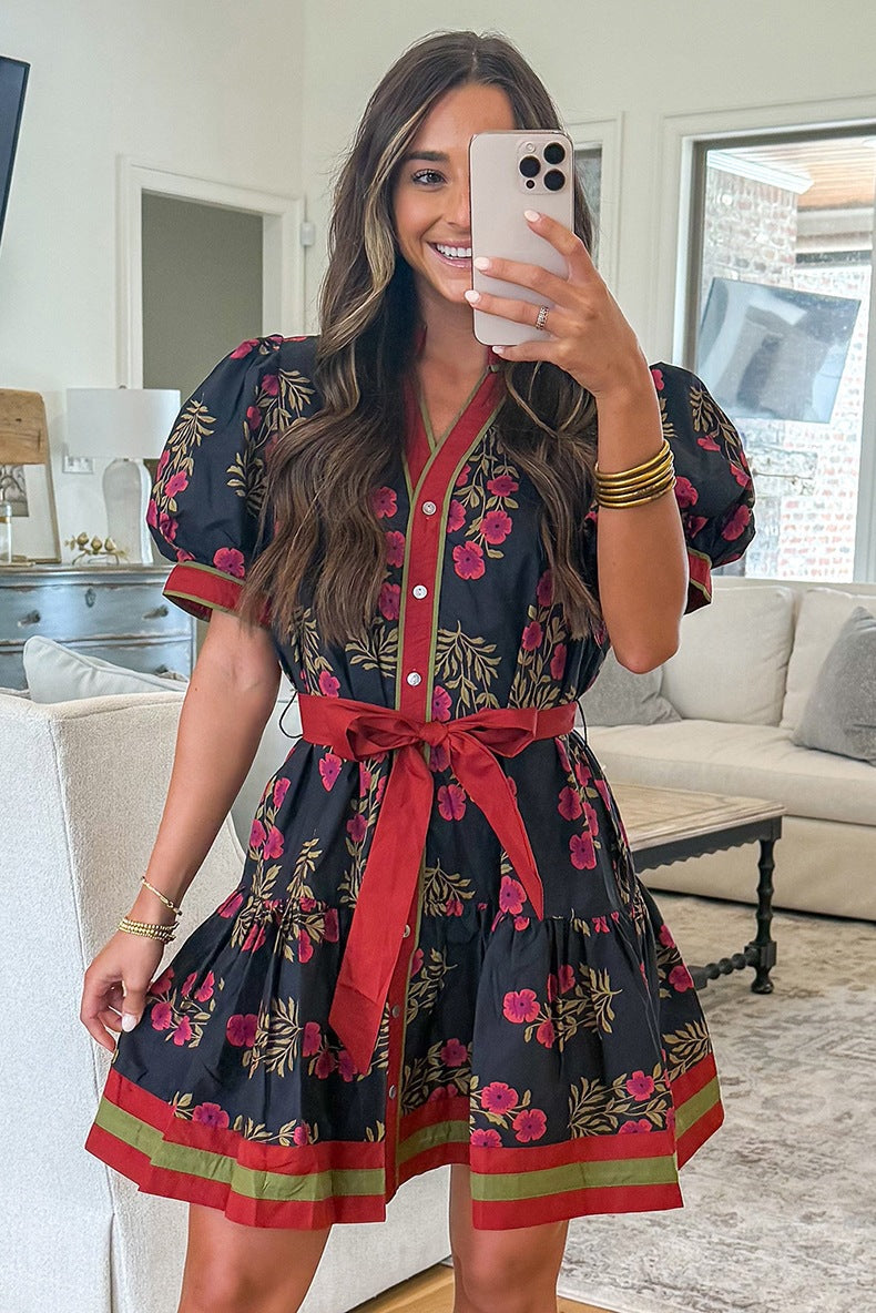 Women's Floral Print High Waist Cotton Dress