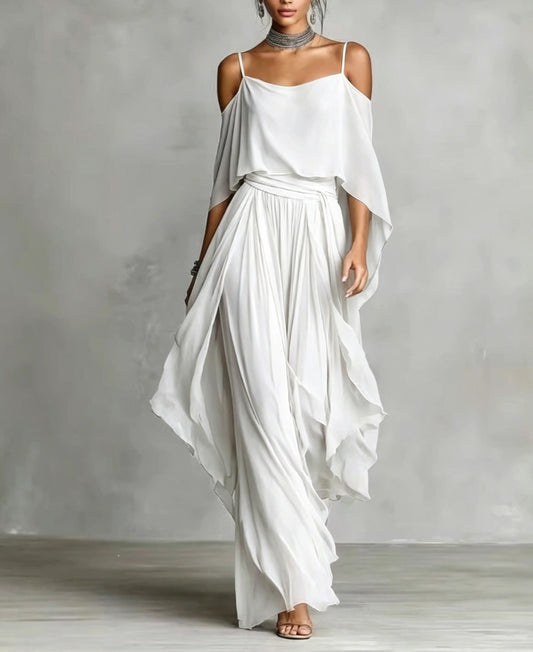 Women's Chiffon Off-Shoulder Top and Wide-Leg Pants Set
