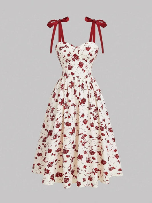 Women's Lace-Up Shoulder Floral A-Line Dress