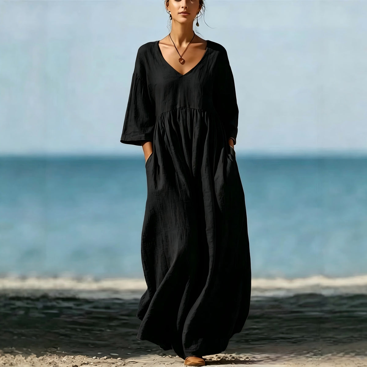 Women's V-Neck Cotton Linen A-Line Dress