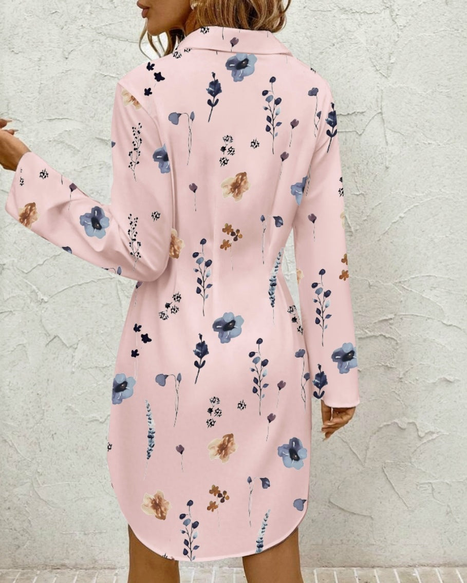 Women's Floral Print Lapel Long Sleeve Shirt Dress