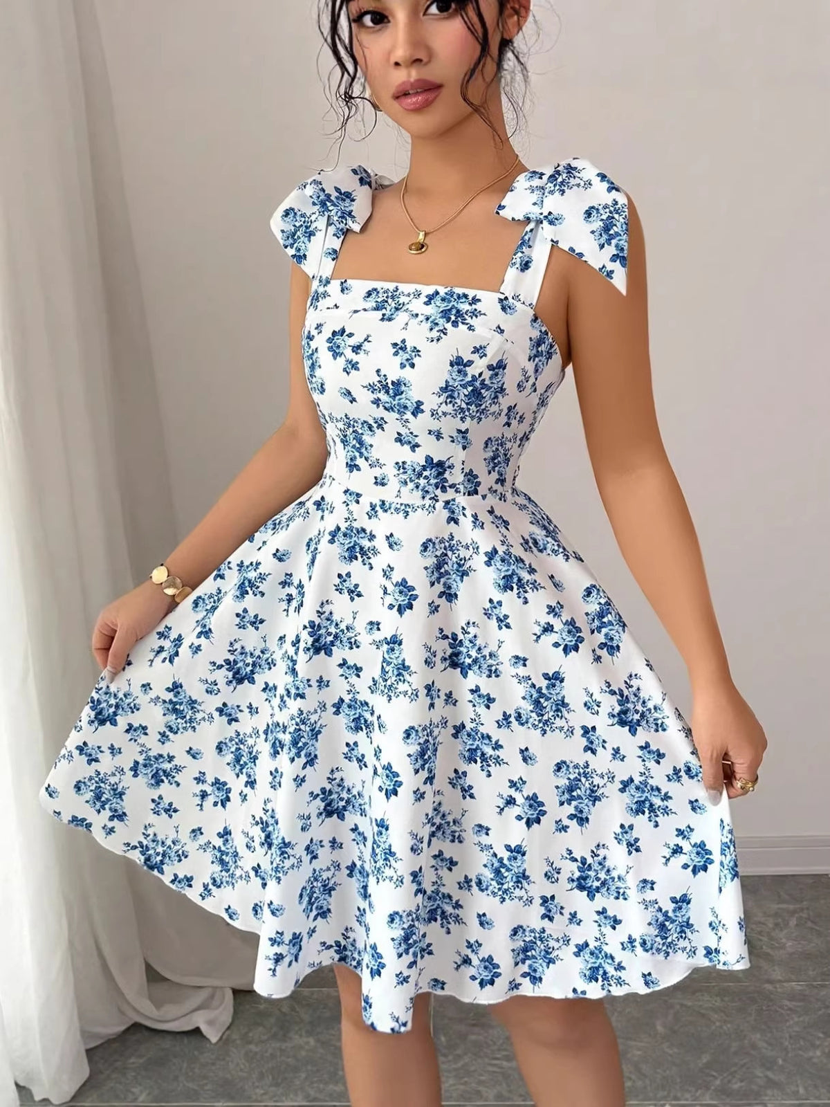 Women's French Floral Print Sleeveless Mini Dress