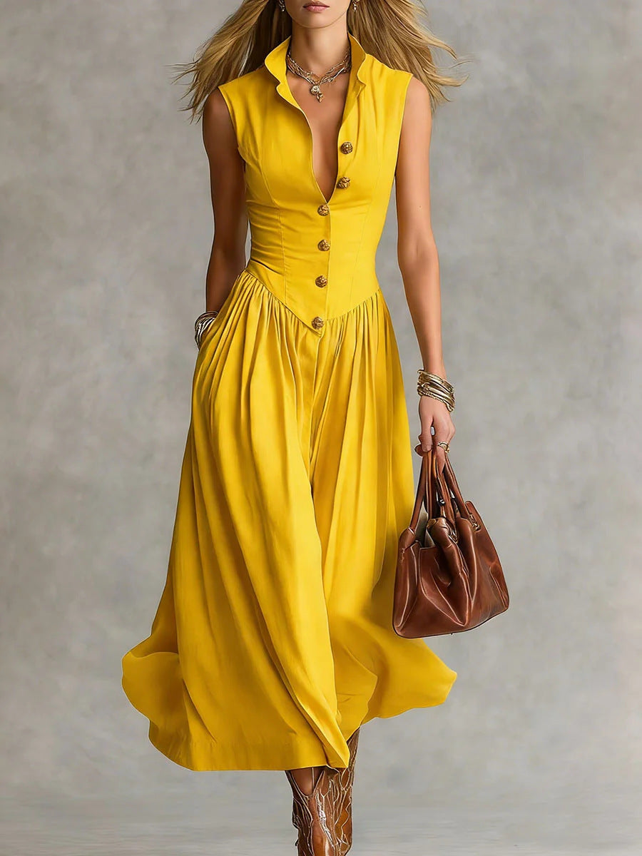 Women's Lapel Sleeveless Long Dress