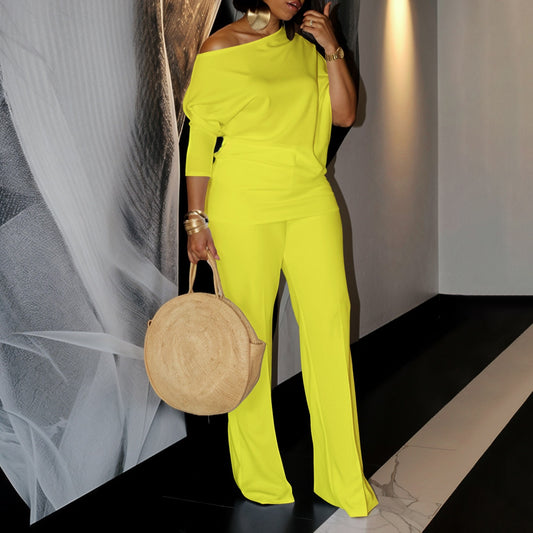Women's Asymmetrical Neck Top and Wide-Leg Pants Set