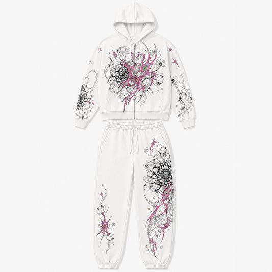 Print Hooded Zip Sweatshirt and Pants Set
