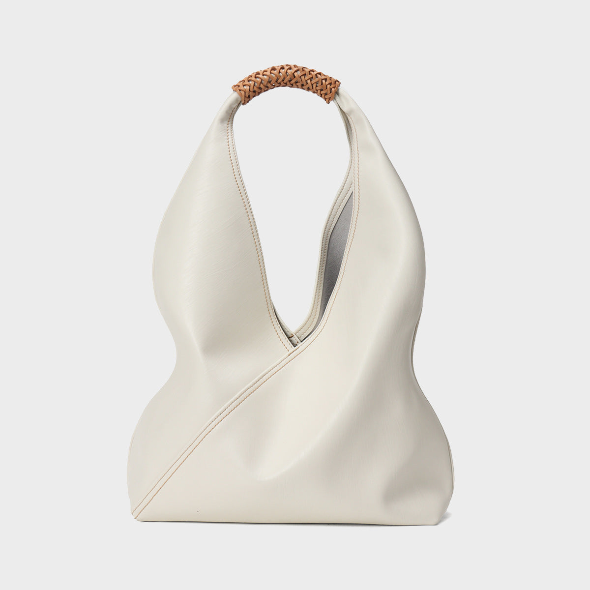 Genuine Leather Woven Bucket Bag in White