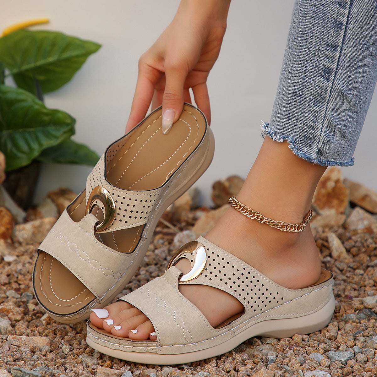 Women's Perforated Leather Wedge Sandals