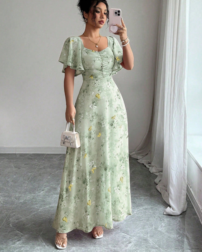 Women's Floral Print Chiffon Midi Dress with Lotus Sleeves