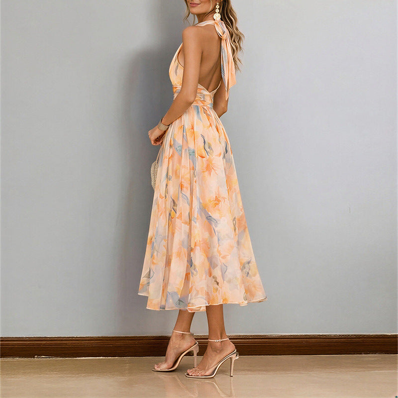 Women's Elegant Print Halter Neck Waist-Cinching Dress