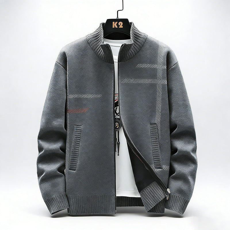 Men's Fleece-Lined Stand Collar Cardigan Sweater