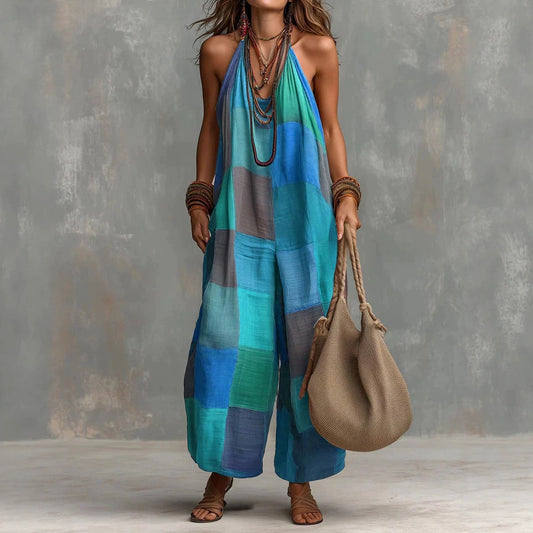 Women's Plaid Wide-Leg Sleeveless Jumpsuit in Blue