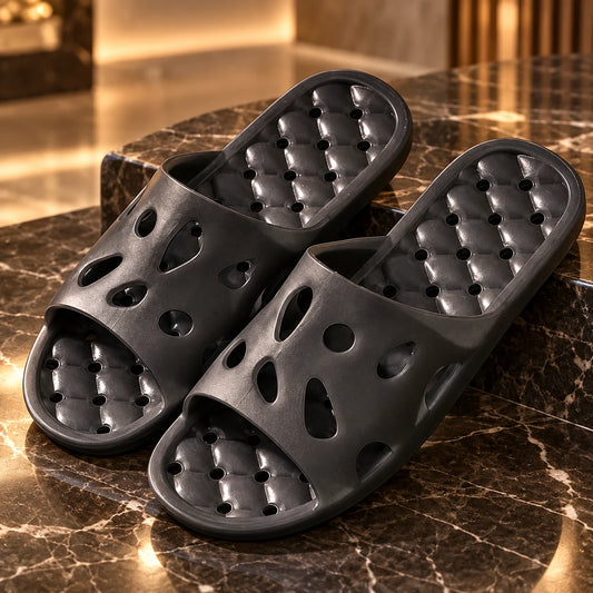 Black perforated quick-dry bathroom slide slippers