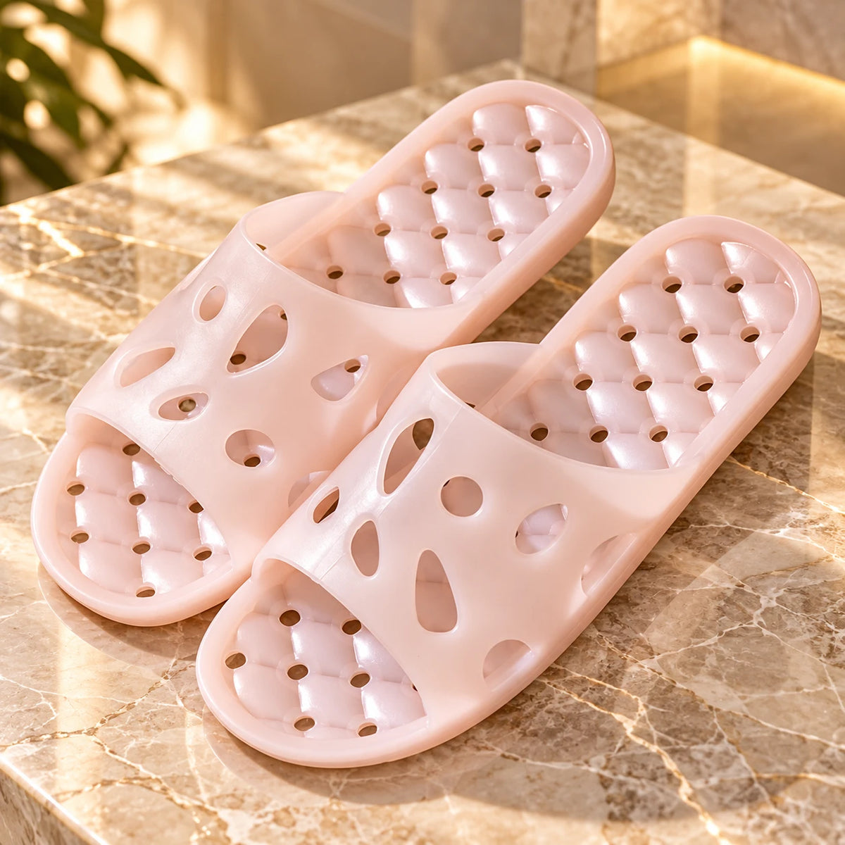 Pink perforated quick-dry bathroom slide slippers