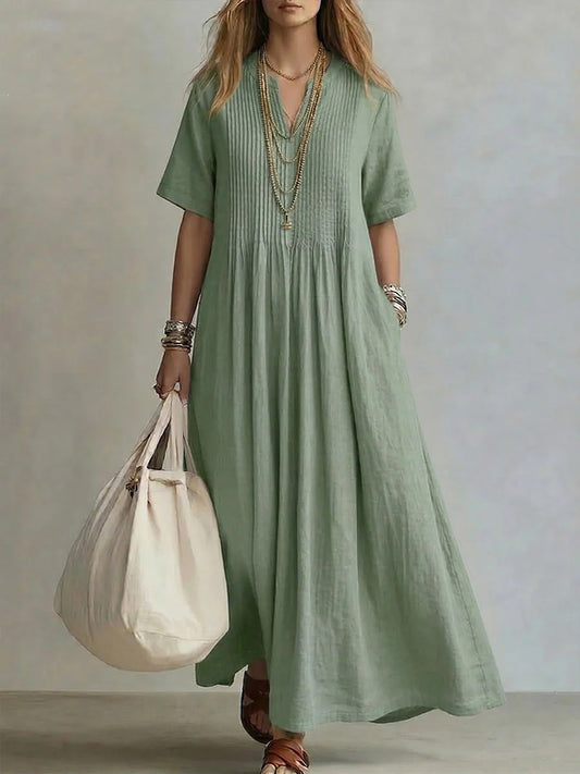 V-Neck Pleated Cotton Linen Dress