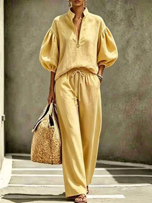 Women's Half-Zip Lantern Sleeve Casual Suit