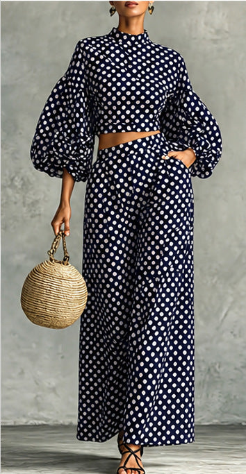Women's Polka Dot Puff Sleeve Top and Wide-Leg Pants Set