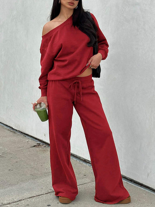 Women's Off-Shoulder Long Sleeve Top and Wide-Leg Pants Set