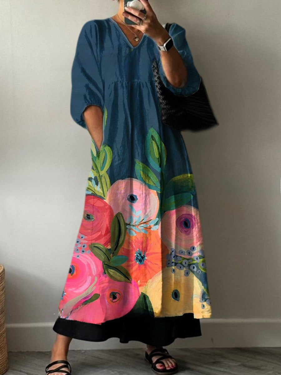 Women's Loose V Neck Long Sleeve Print Dress