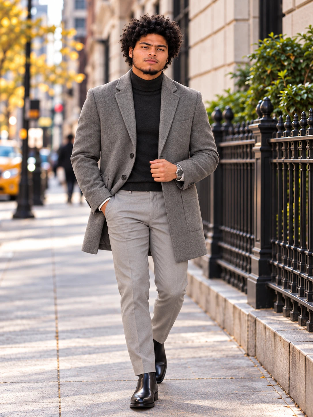 Gray double-faced wool business coat with black turtleneck
