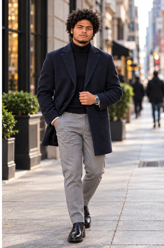 Navy blue double-faced wool business coat