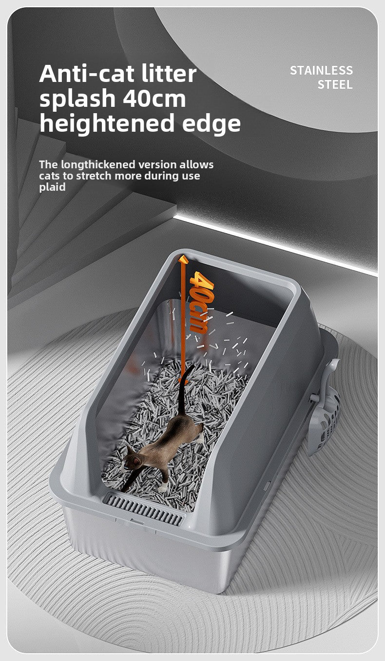 High-Fence Stainless Steel Cat Litter Box
