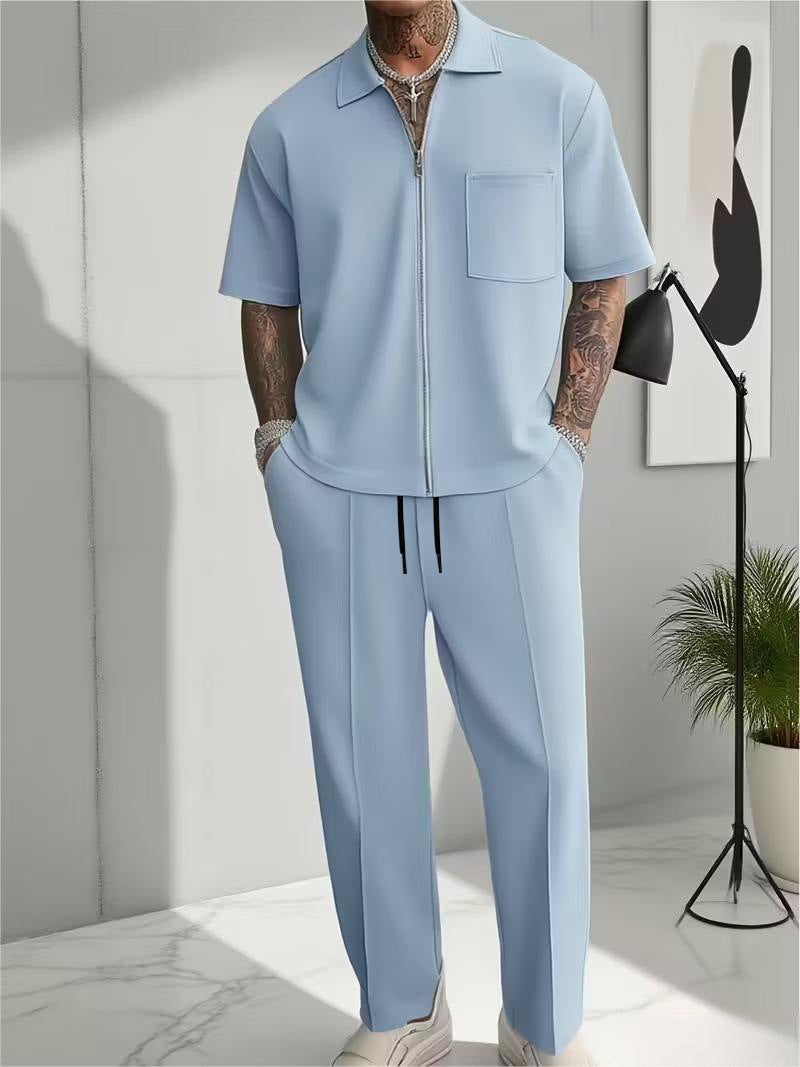 Men's Zip-Collar Short Sleeve and Pants Set