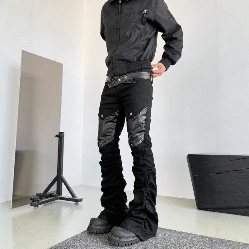 Black Flared Leather Detail Cargo Pants