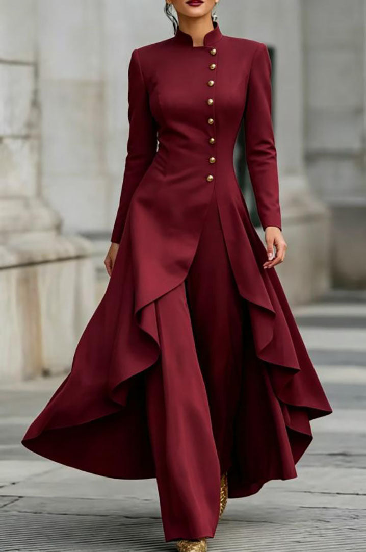 High Collar Top and Midi Skirt Set in Burgundy