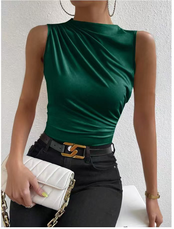 Women's Pleated Sleeveless Mock Neck Top in Olive Green