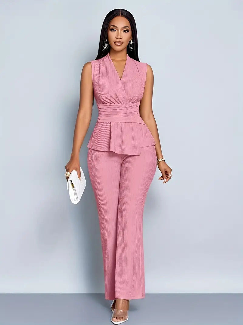 Women's Sleeveless V-Neck Peplum Top and Pants Set
