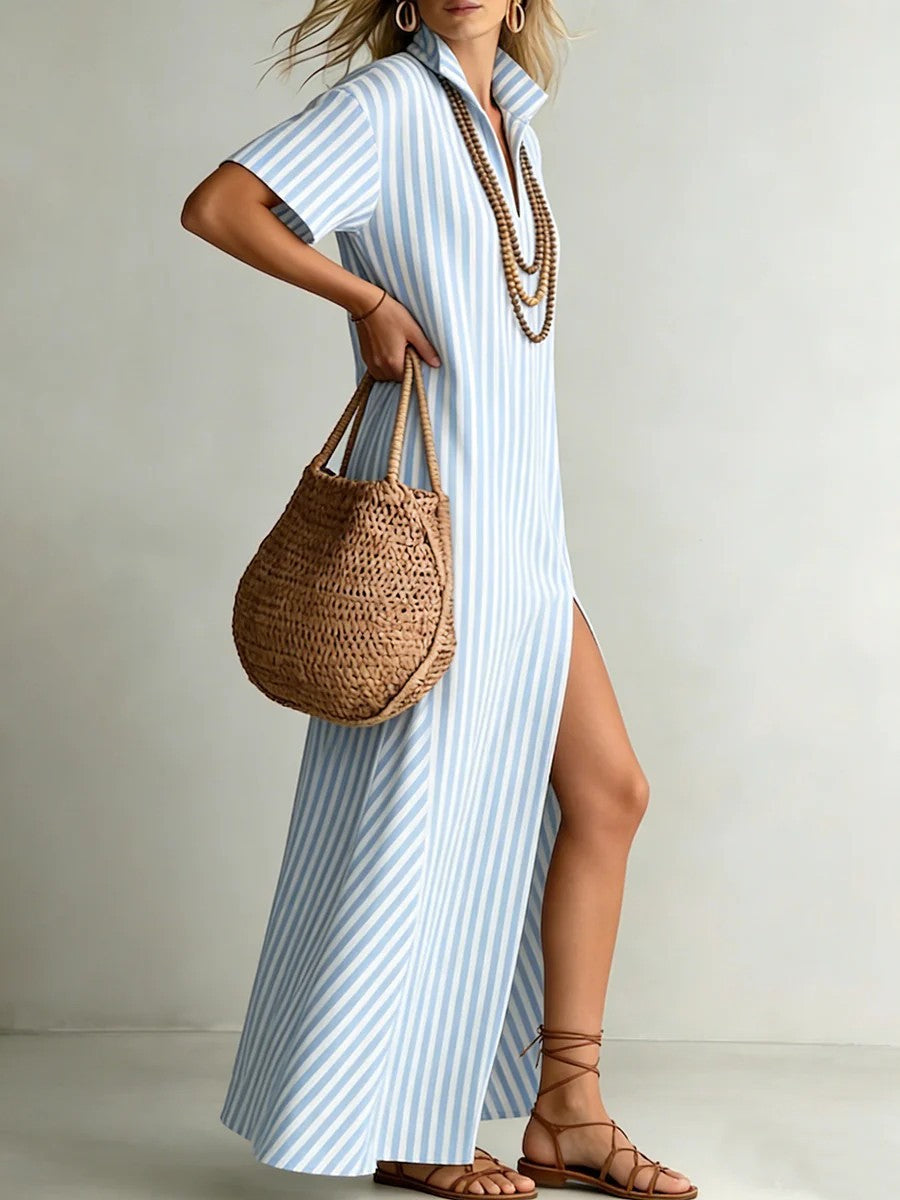 Women's Striped V-Neck Summer Shirt Dress