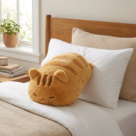 Sitting Cat - Orange plush pillow on a bed