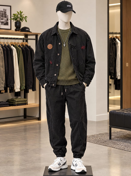 Mannequin in black and green three-piece suit: tyrant green top, black pants, black coat