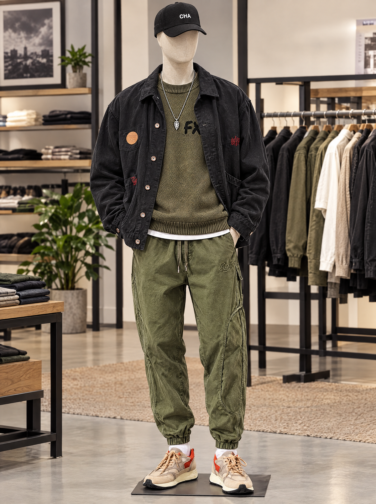 Mannequin in green three-piece suit: tyrant green top, green pants, black coat, with hat