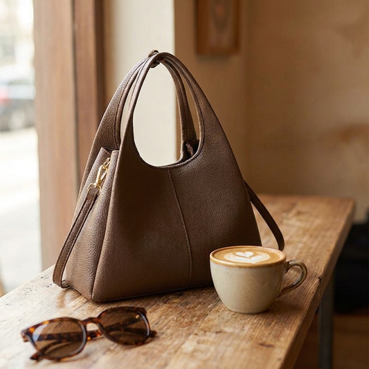 Brown armpit bag on a cafe table