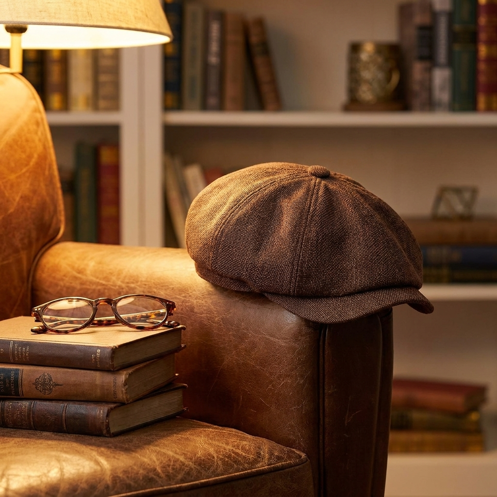 Brown beret on reading chair armrest
